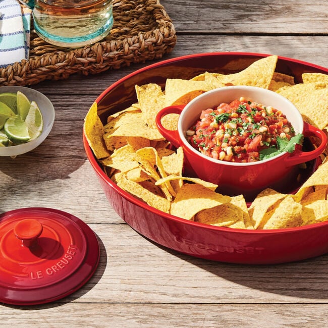 Le Creuset Mini Round Cocotte 8 fl oz with chips and salsa platter