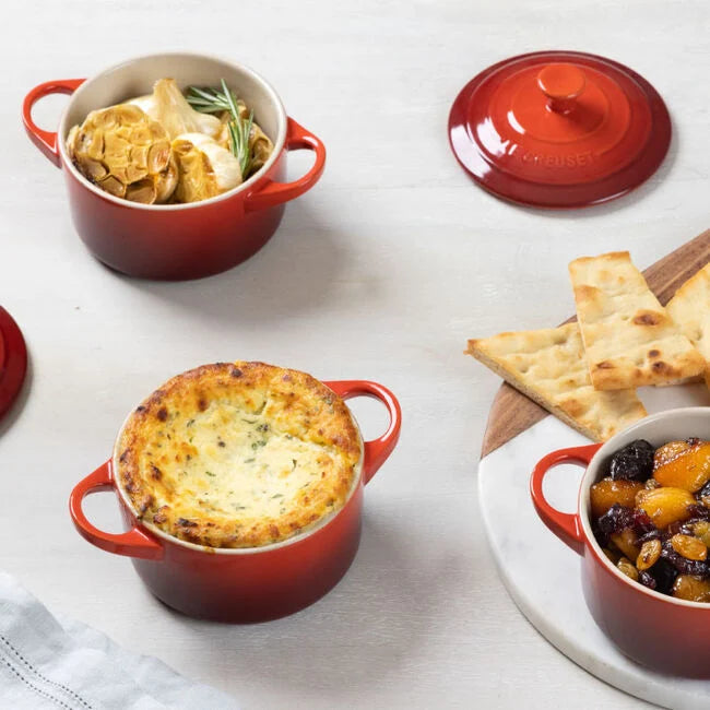 Le Creuset Mini Round Cocotte Cerise with Roasted Garlic and pie