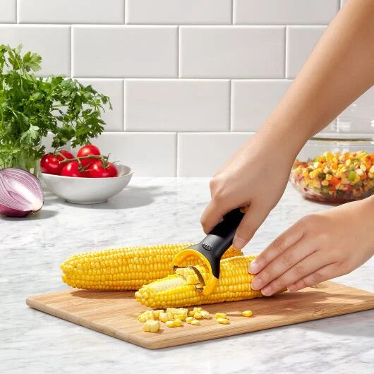 OXO Good Grips Corn Prep Peeler peeling corn kernels