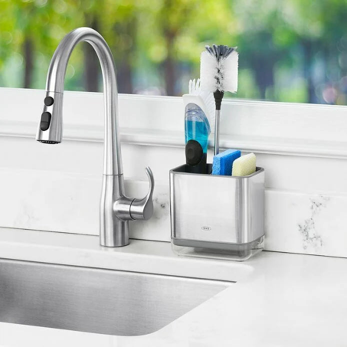 OXO Good Grips Stainless Steel Sink Caddy with brush and sponge