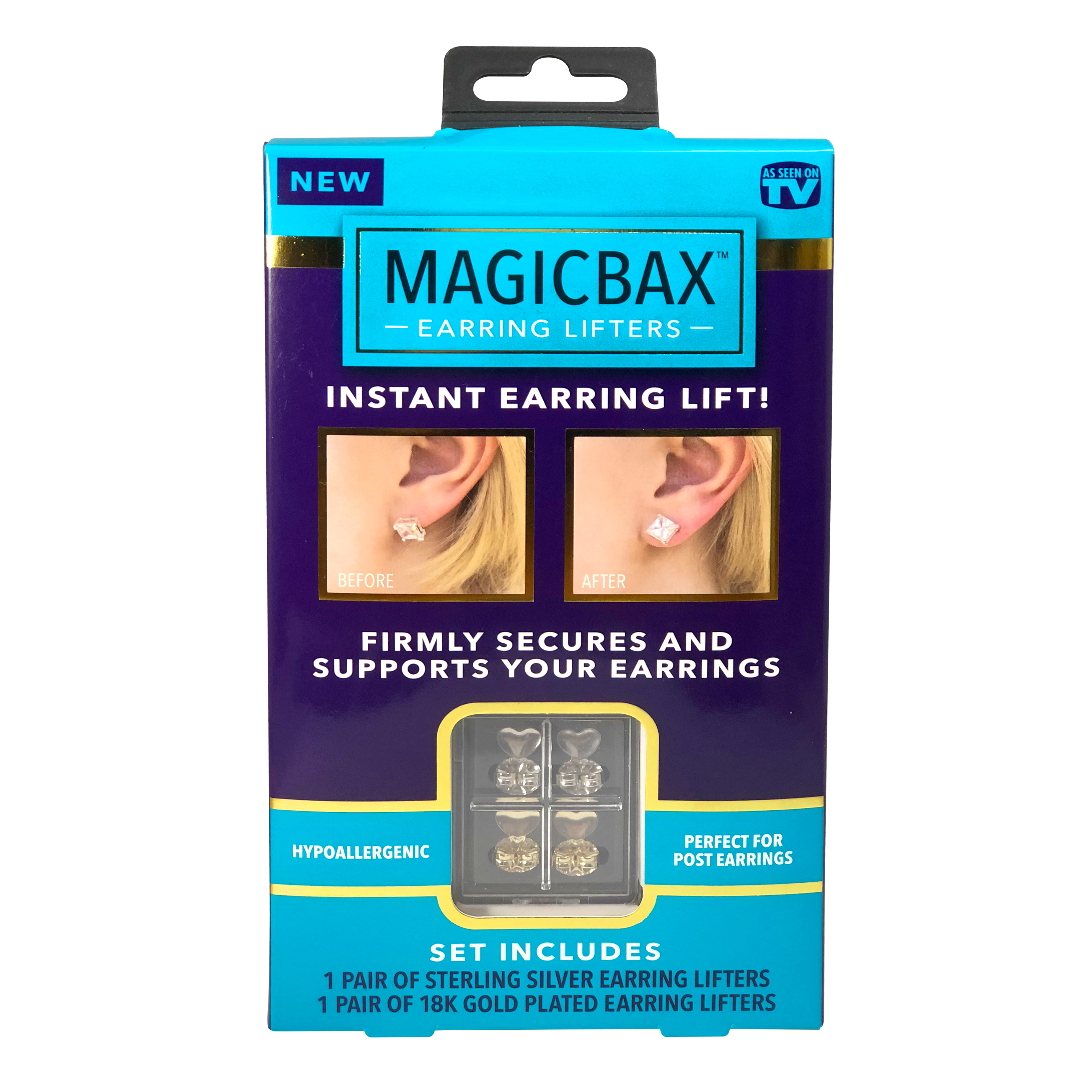 Magic Bax Earring Lifters - 2 Pairs of Adjustable Hypoallergenic Earring  Lifts (1 Pair of Sterling Silver Plated and 1 Pair of 18K Gold Plated) As
